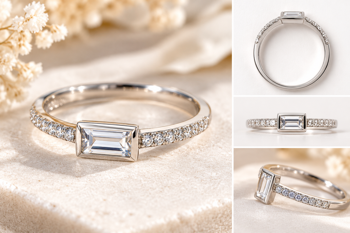 Bague Valentine en argent 925 rhodié, vue de présentation et détails